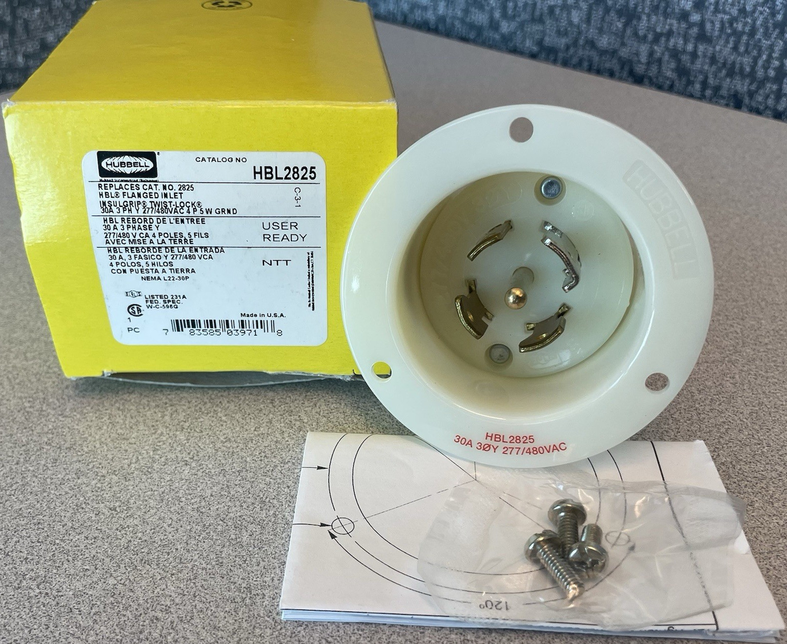 BOGO SALE - Hubbell HBL2825 Twist-Lock Flanged Inlet NEMA L22-30P 30A 277/480VAC