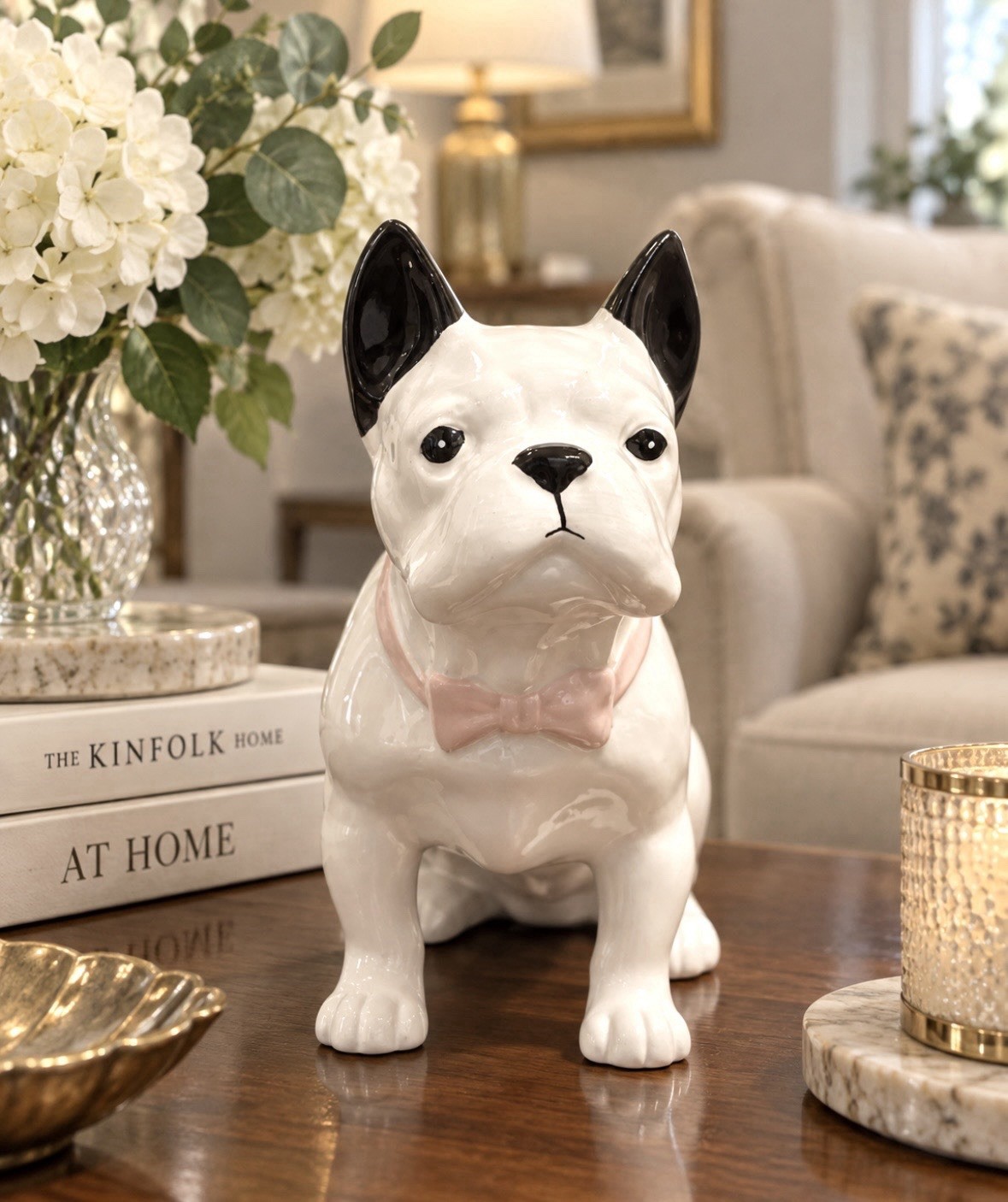 FRENCH BULLDOG CERAMIC FIGURINE SITTING WHITE BLACK WITH BOW TABLETOP DECOR 8X5 FRENCH BULLDOG CERAMIC FIGURINE SITTING WHITE BLACK WITH BOW TABLETOP DECOR 8X5