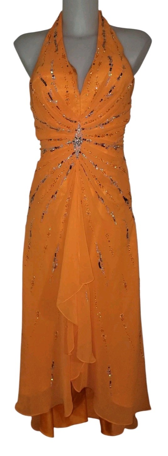 Vtg Y2k Womens Orange Sequin Ruffle Balletcore Fairy Prom Dress Sz  S  FLAW 