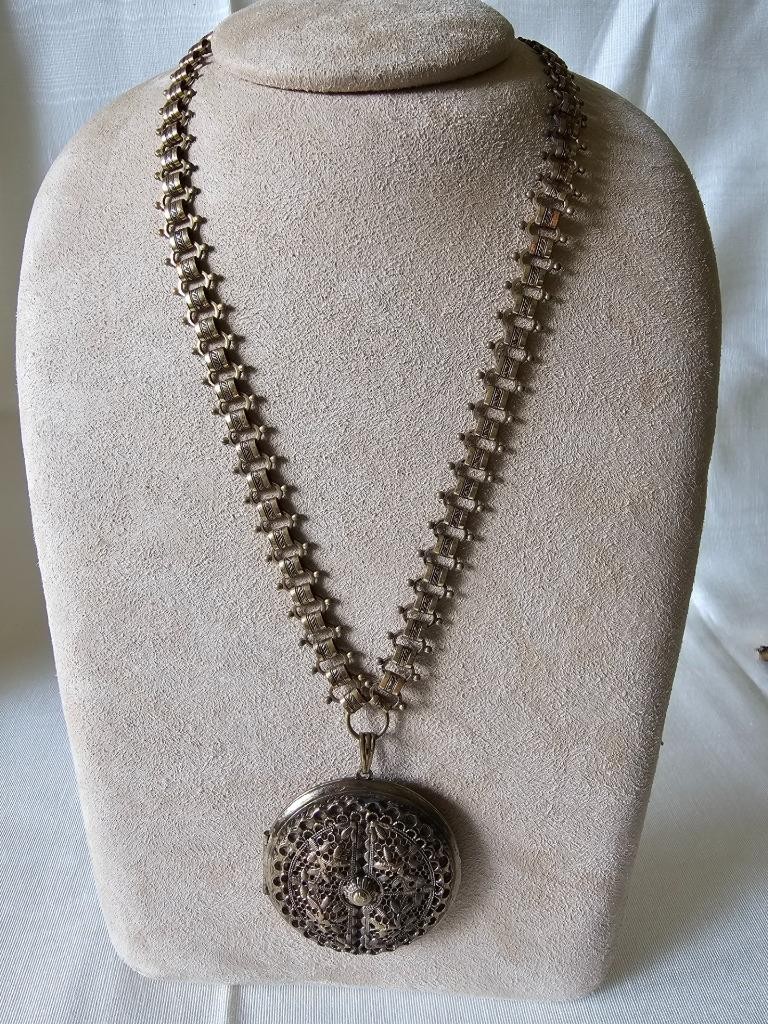 Victorian Revival Goldtone Brass Bookchain Necklace & Filigree Open Work Locket
