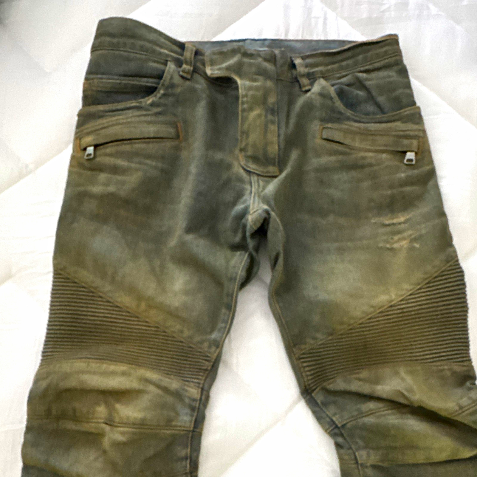 Balmain Men’s Brown Charcoal Wash Slim Biker Jeans Distressed Ribbed Zipper Balmain Men’s Brown Charcoal Wash Slim Biker Jeans Distressed Ribbed Zipper