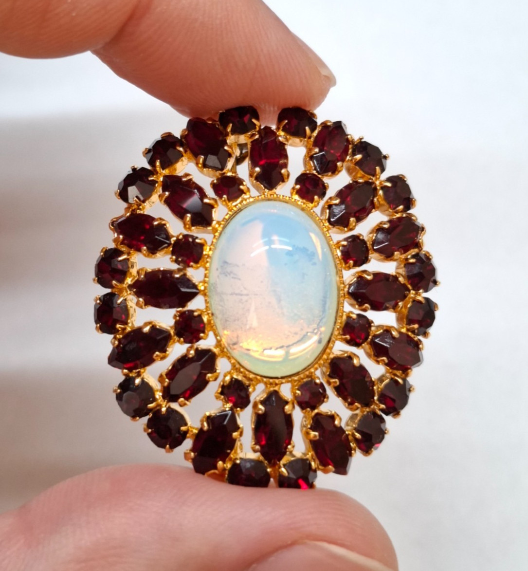 Vintage Czech Bohemian Garnet Red Glass Faux Opal Fire Brooch Pin West Germany