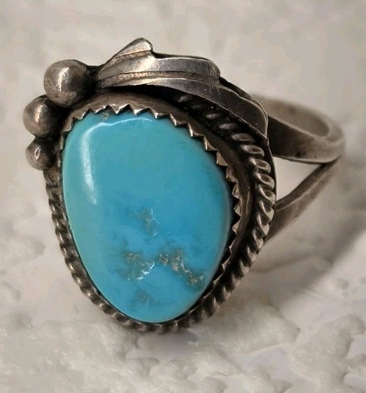 Vintage Navajo Ring .925 Silver Kingman Turquoise - Artist Sign \