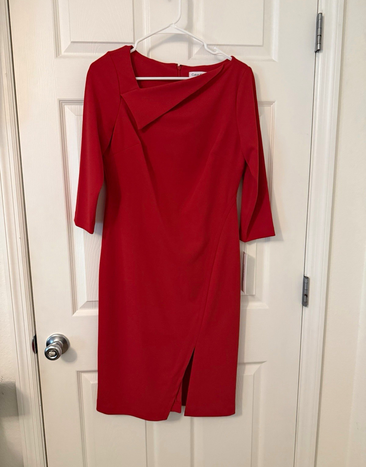 Calvin Klein Red Solid Sheath Dress Womens Size 8 3/4 Sleeve Knee Length Zip