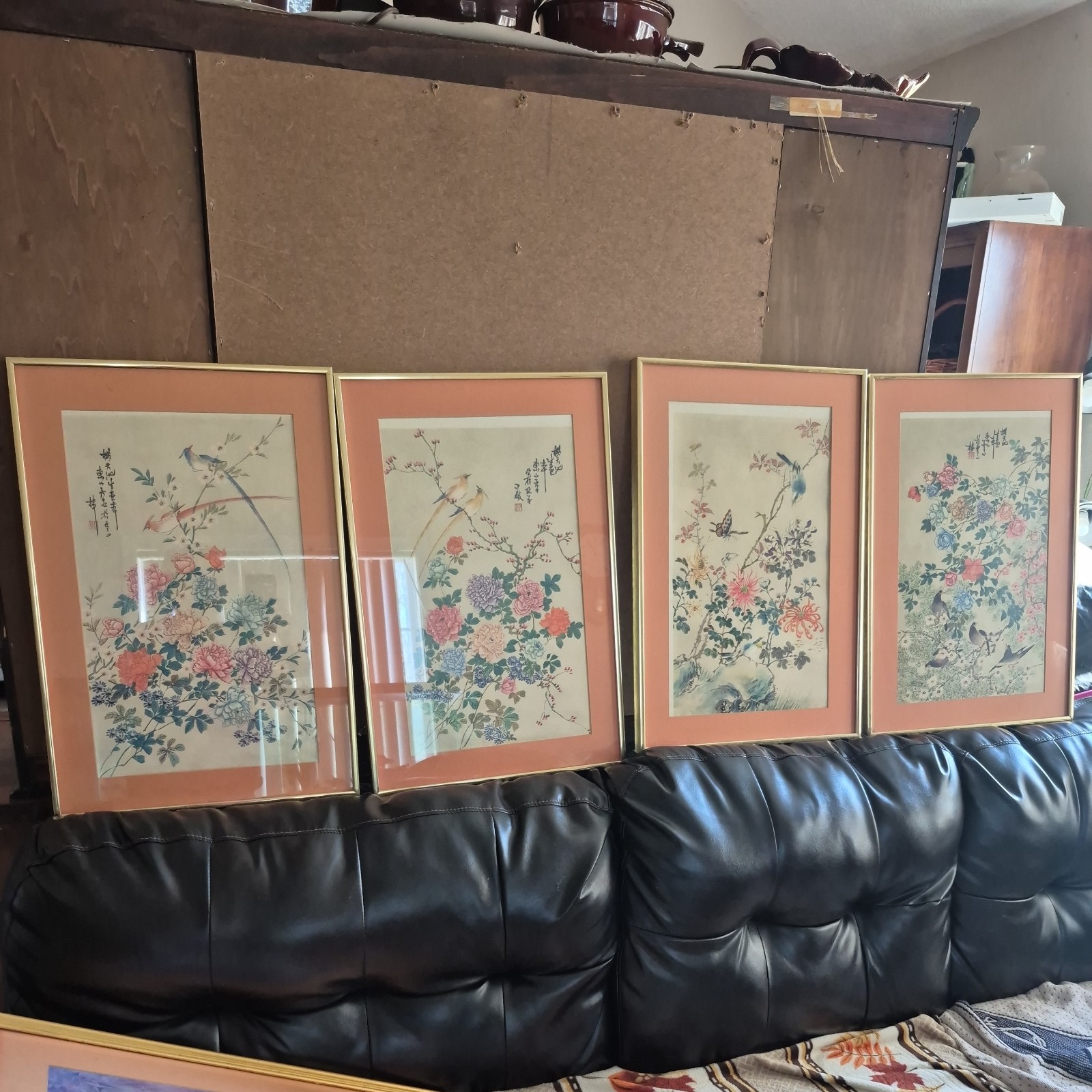 1972 Set of 4 Oriental Framed Floral Bird Print Scafa Tornabene Lithograph 1-613