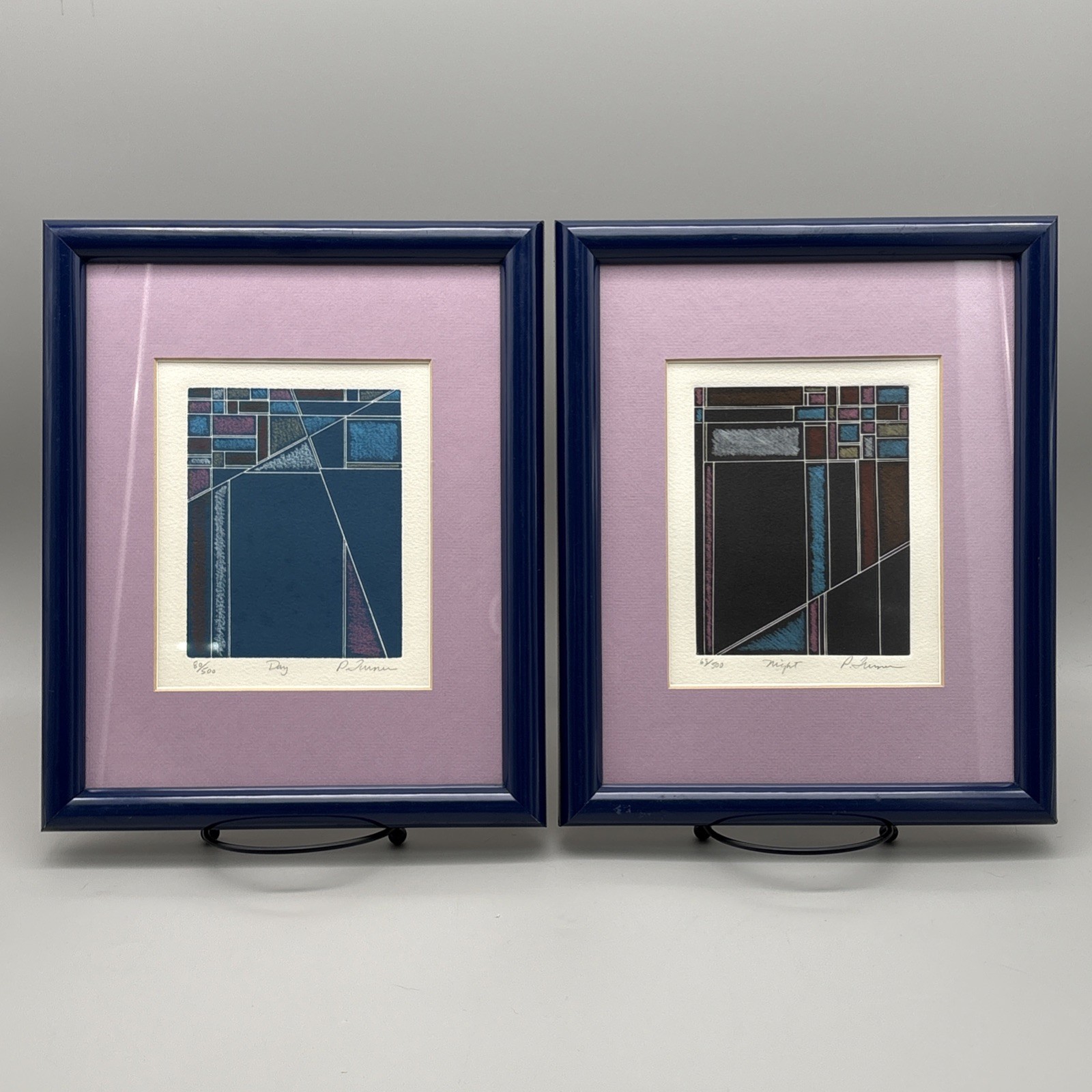 Vintage 80s Postmodern Geometric Prints Set P Turner Signed Framed Pair 11x9