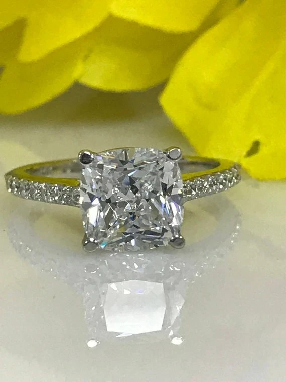 2.9Ct Cushion Cut VVS1 Lab Created Diamond Engagement Ring 14K White Gold Finish