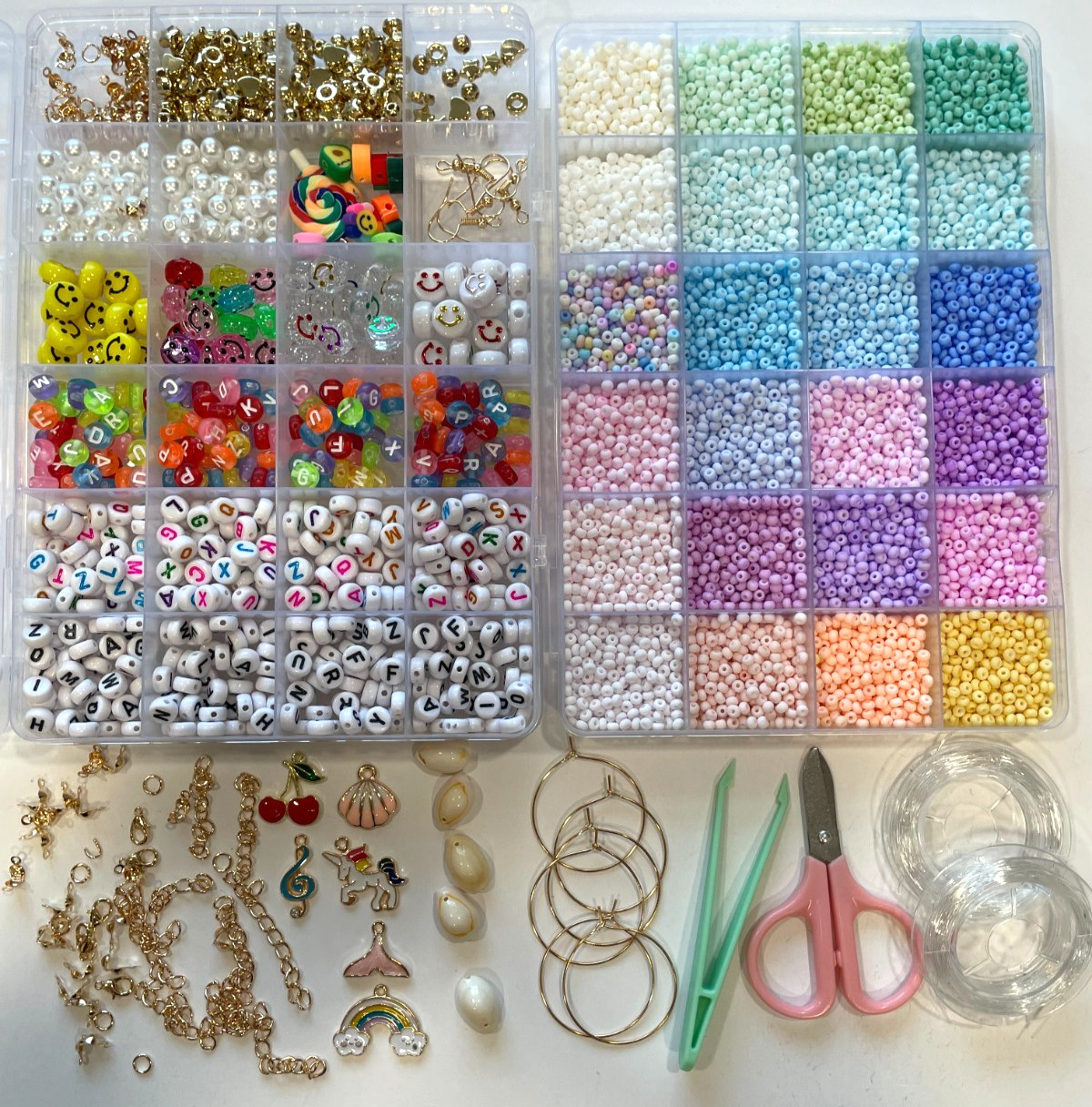 B46 10,000+pcs 3MM MACARON Letters Spacer Fun BEAD KIT Charms Post Clasps String