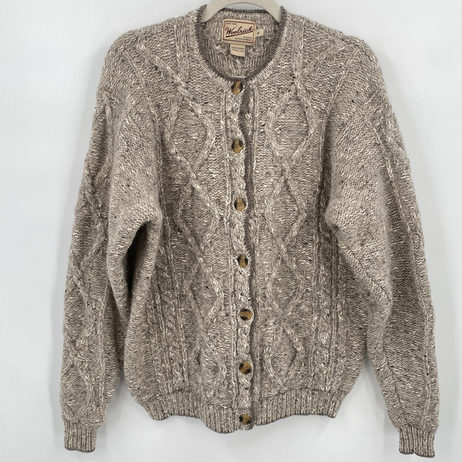 VTG 90s Woolrich Hand Framed Cable Knit Cardigan Sweater Women XL Heather Wool