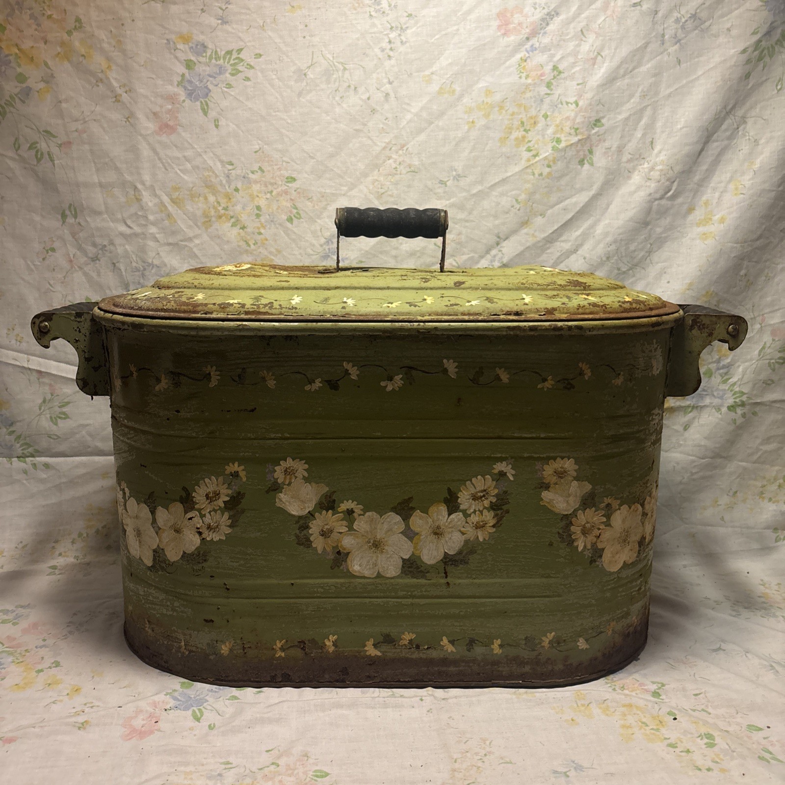Vintage Galvanized Metal Boiler Wash Tub With Lid Painted Floral Green RARE 