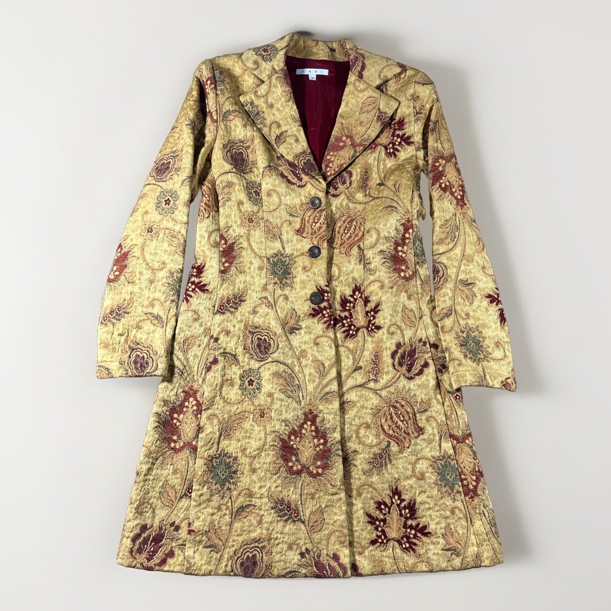 VTG CABi Brocade Tapestry Car Coat Sz 2 Gold  Floral Guinevere 70s Old Money