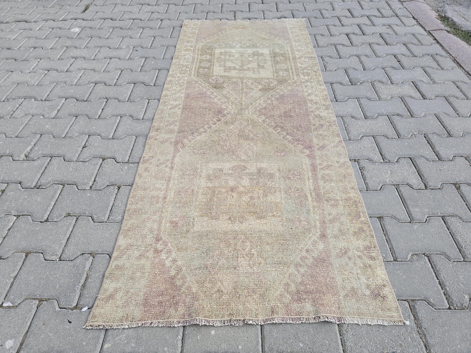 Muted Lavender Oushak Rug 3x6 Vintage Turkish Small  Wool Runner Rose Cream Rug