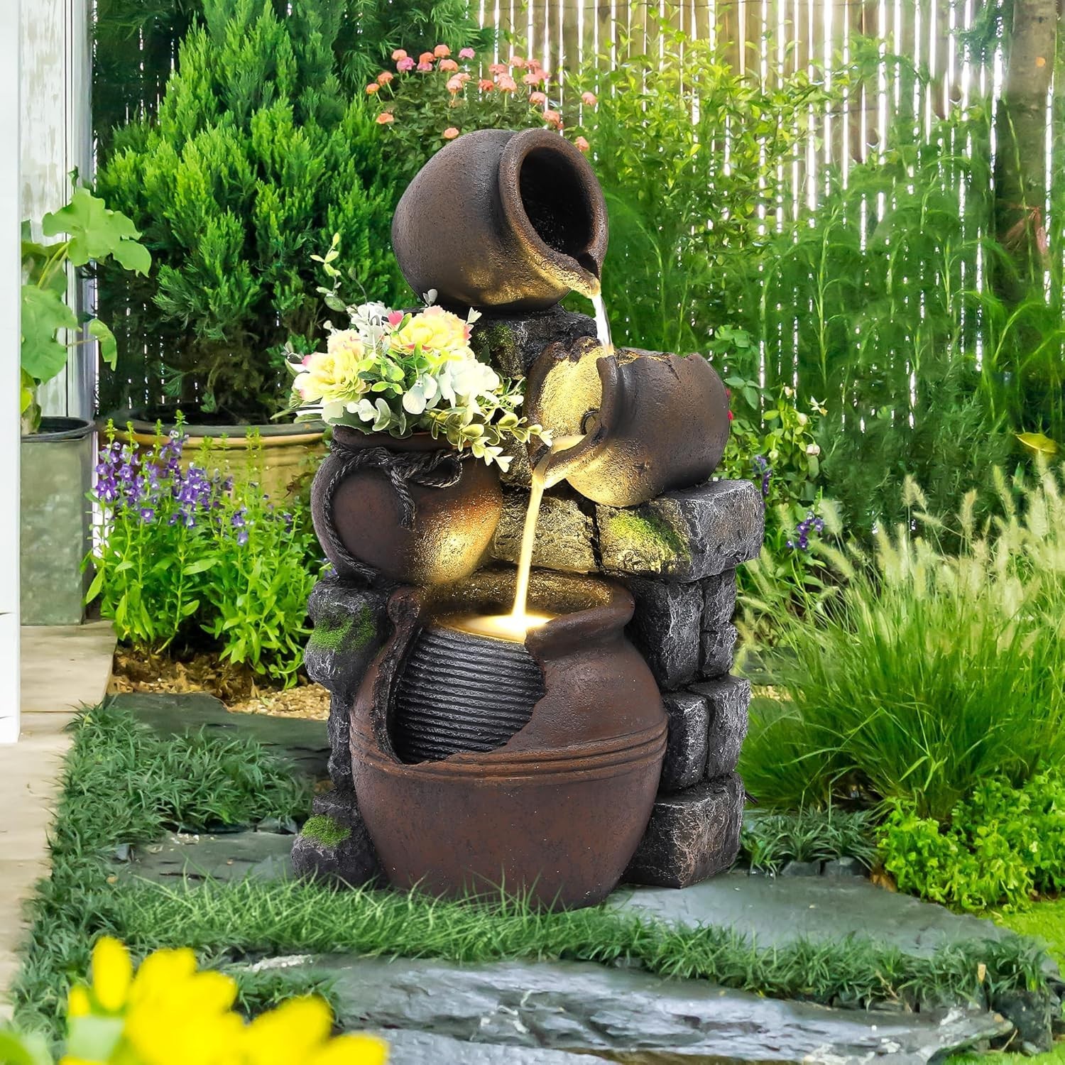 4-Tiers Garden Waterfall Fountain Outdoor Resin with LED Light for Patio