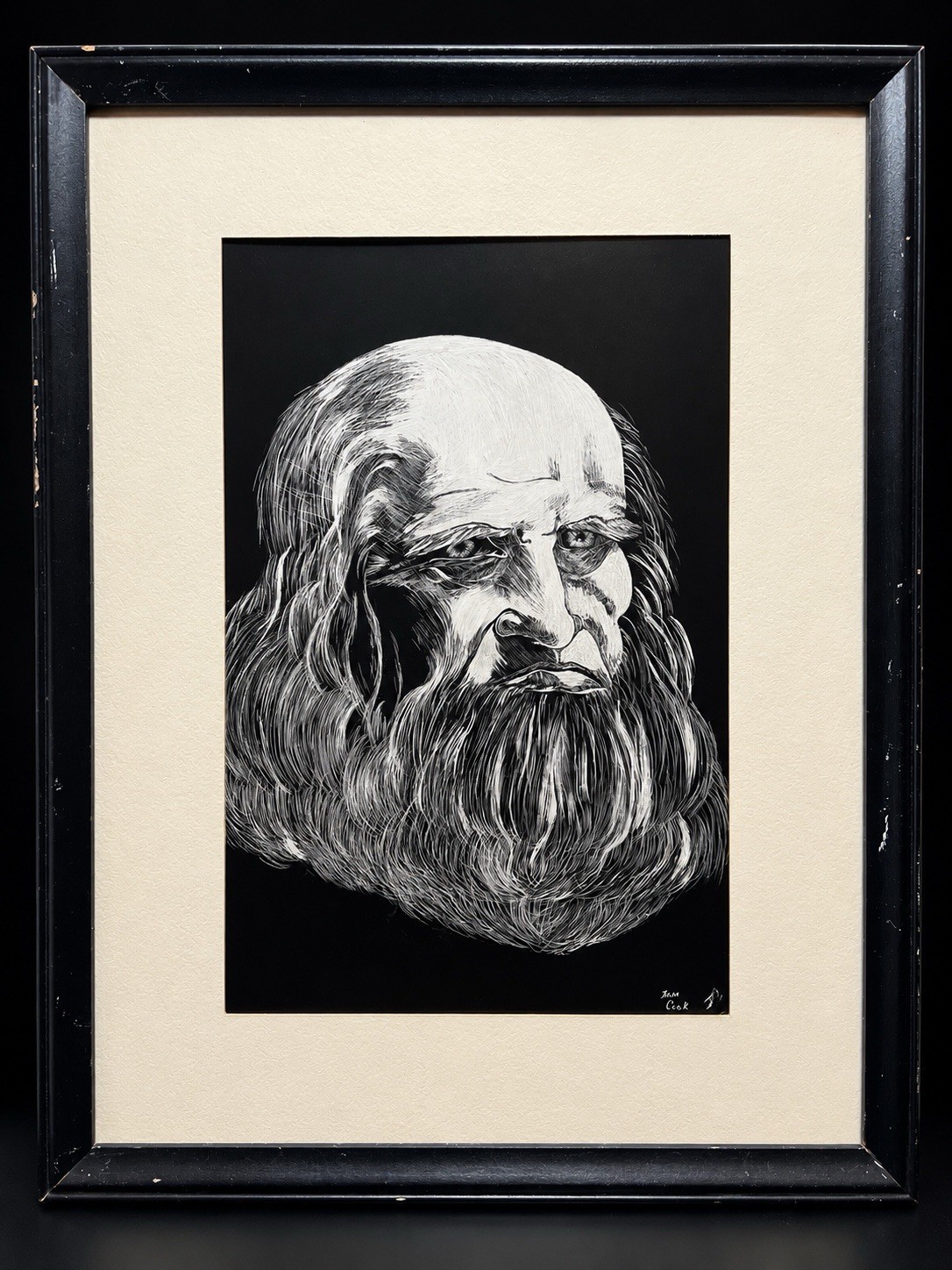 Vintage Original Scratchboard Art Portrait Leonardo Da Vinci Signed Jean Cook
