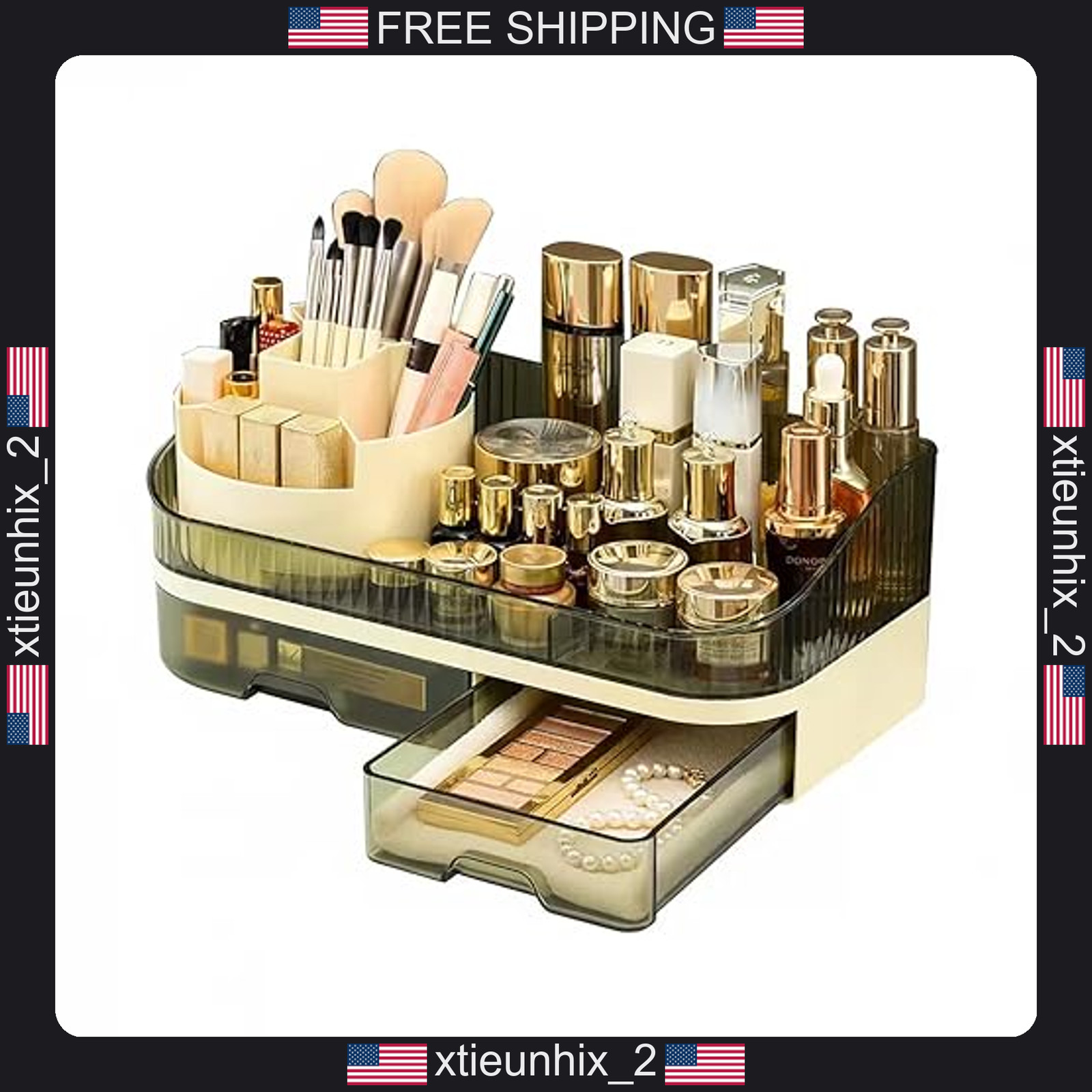 Makeup Organizer with Rotating Top and Acrylic Drawers, Vanity Storage