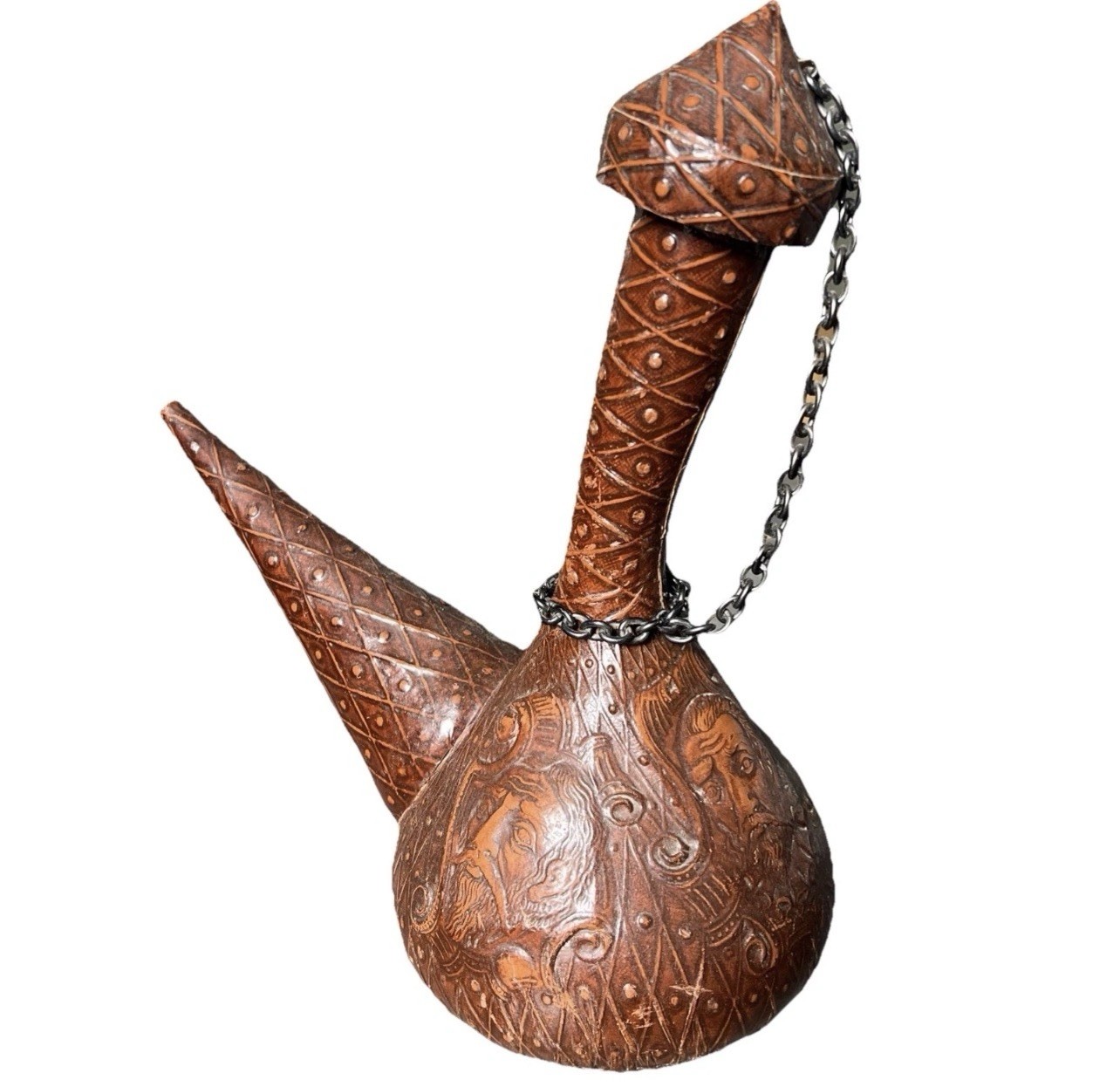 Vintage Spanish Porron Wine Decanter Spain Tooled Leather Glass Bottle 11”