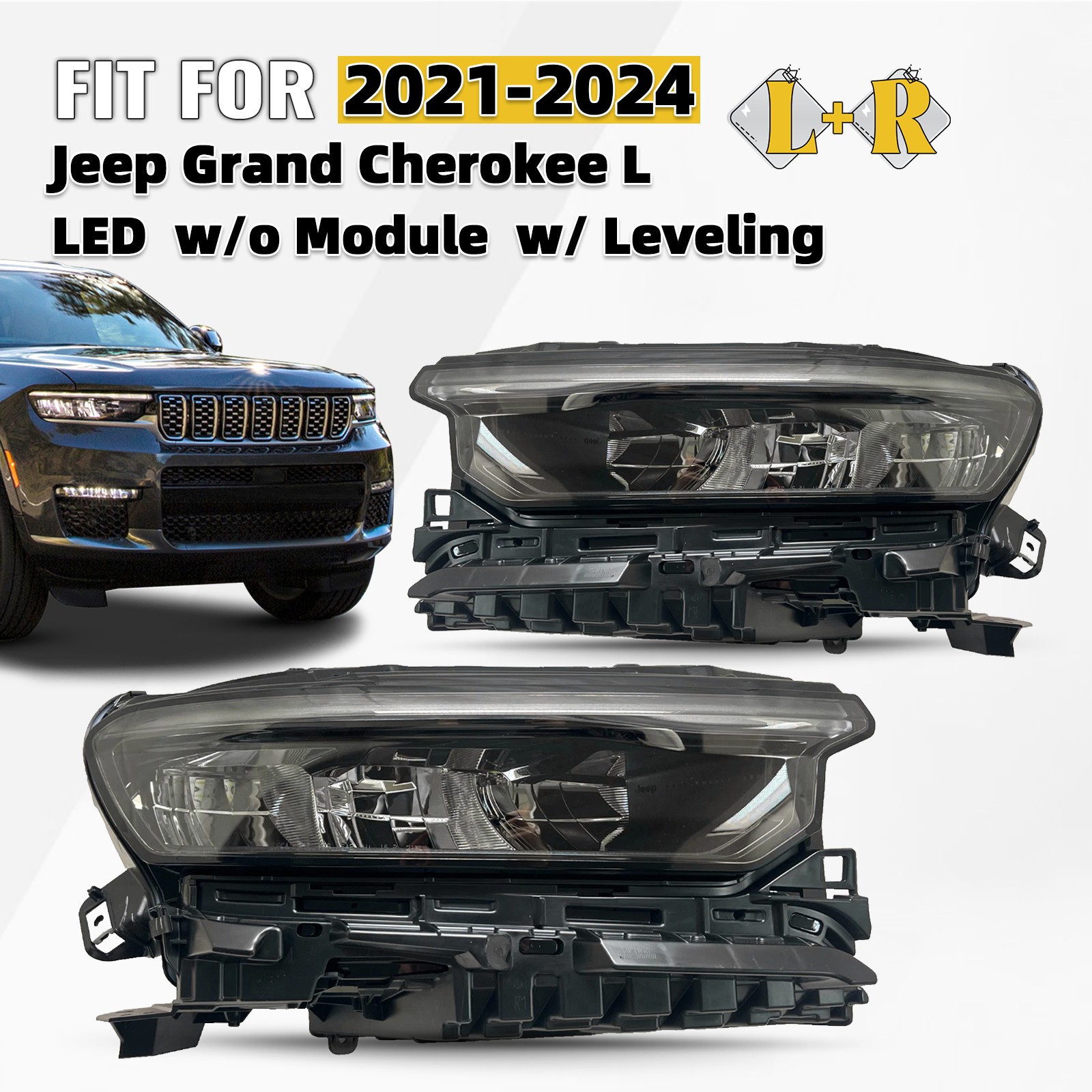 For 2021-2024 Jeep Grand Cherokee L Full LED Headlight w/ DRL Left + Right Pair