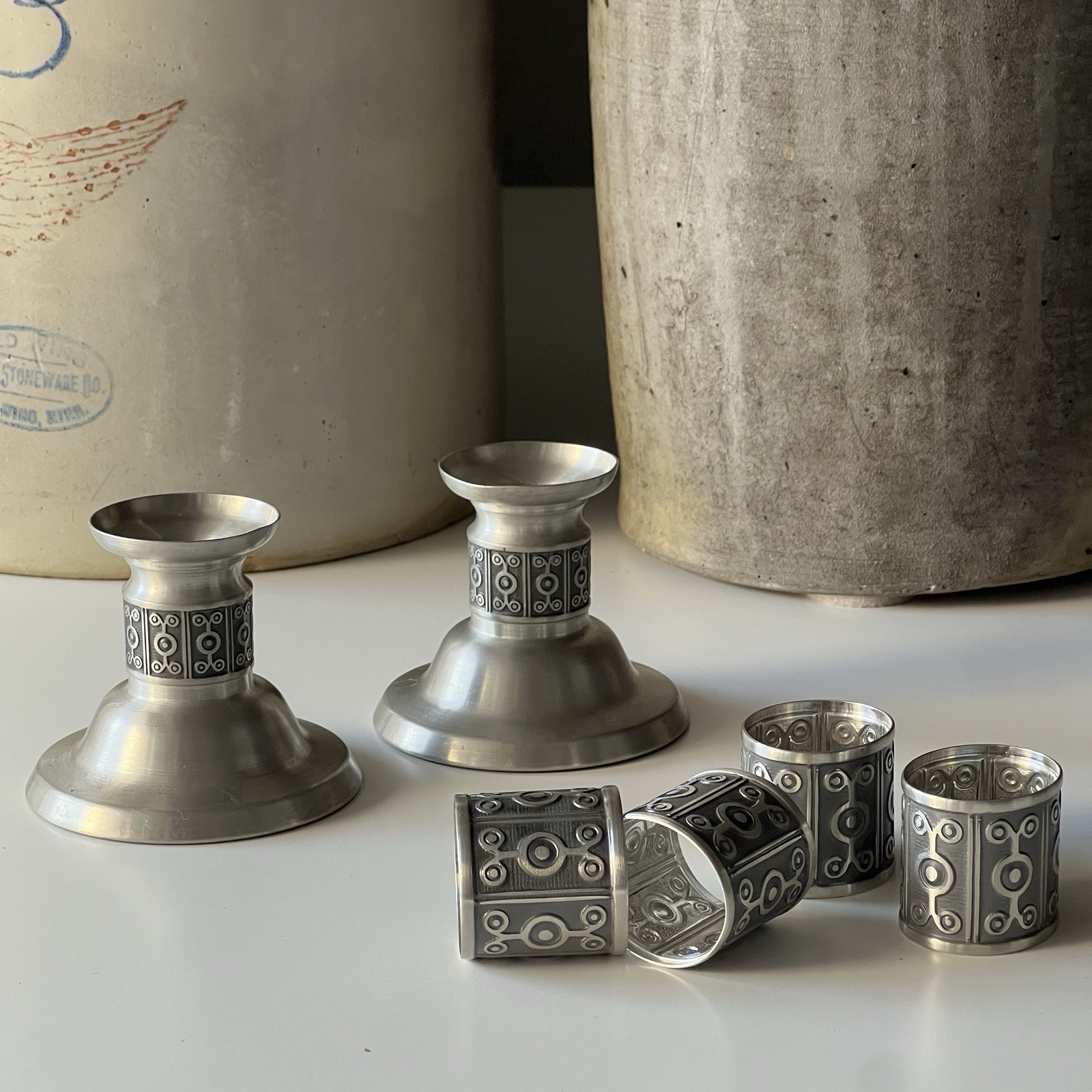 Arne Haugrud Norway Pewter 433 Candle Holders & Napkin Ring Set MCM Vtg Classic Arne Haugrud Norway Pewter 433 Candle Holders & Napkin Ring Set MCM Vtg Classic