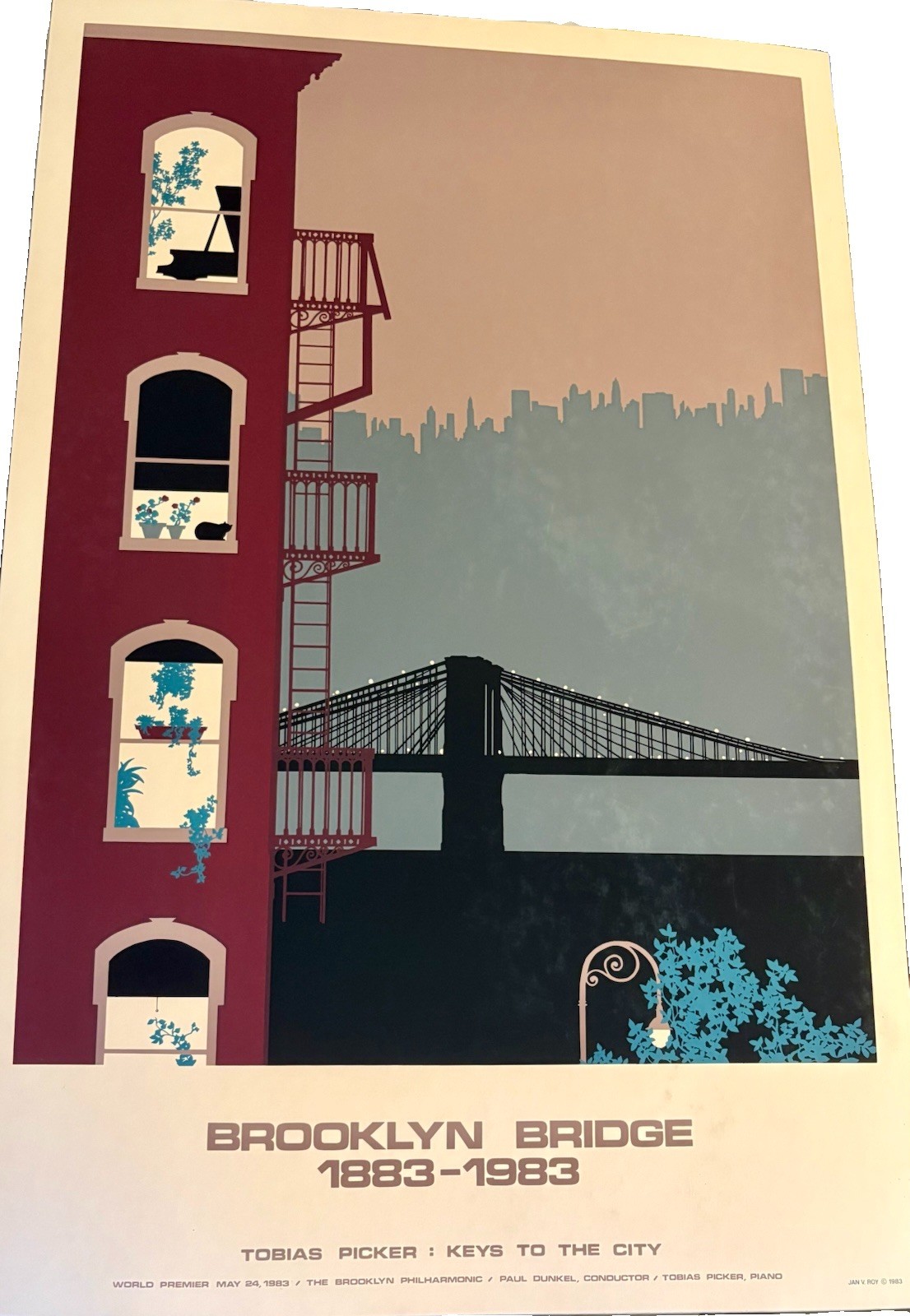 1983 BROOKLYN BRIDGE 1883-1983 Centennial Poster Jan Roy Brooklyn Philharmonic 1983 BROOKLYN BRIDGE 1883-1983 Centennial Poster Jan Roy Brooklyn Philharmonic