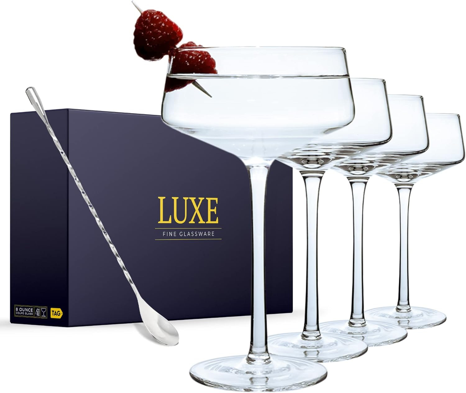 TAG Luxe Martini Glasses - Set of 4 Handblown Crystal  with Bar Spoon