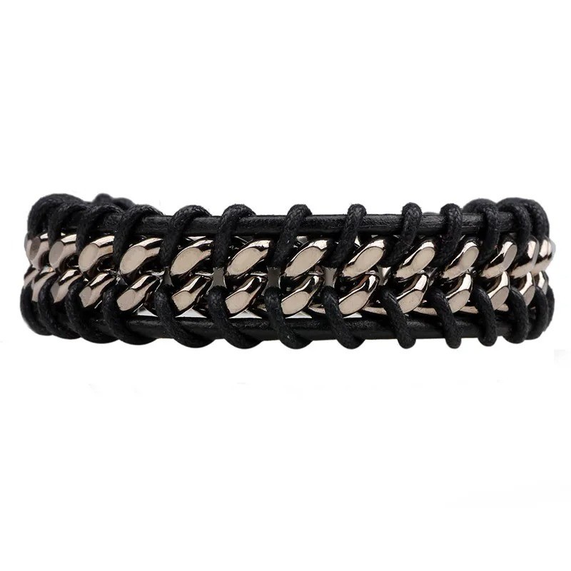 Men\'s Genuine Leather Cuff Bracelet Braided Chain Magnetic Clasp Wristband Gift