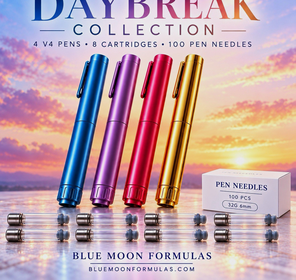 Blue Moon Formulas Daybreak Collection V4 Pen Kit 4 Pens,8 Carts,100 Needles Blue Moon Formulas Daybreak Collection V4 Pen Kit 4 Pens,8 Carts,100 Needles