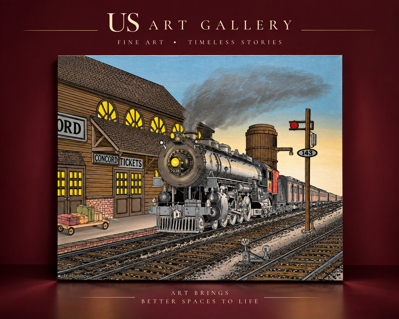 H. Hargrove Signed Railroad Steam Train Station Painting on Canvas Americana