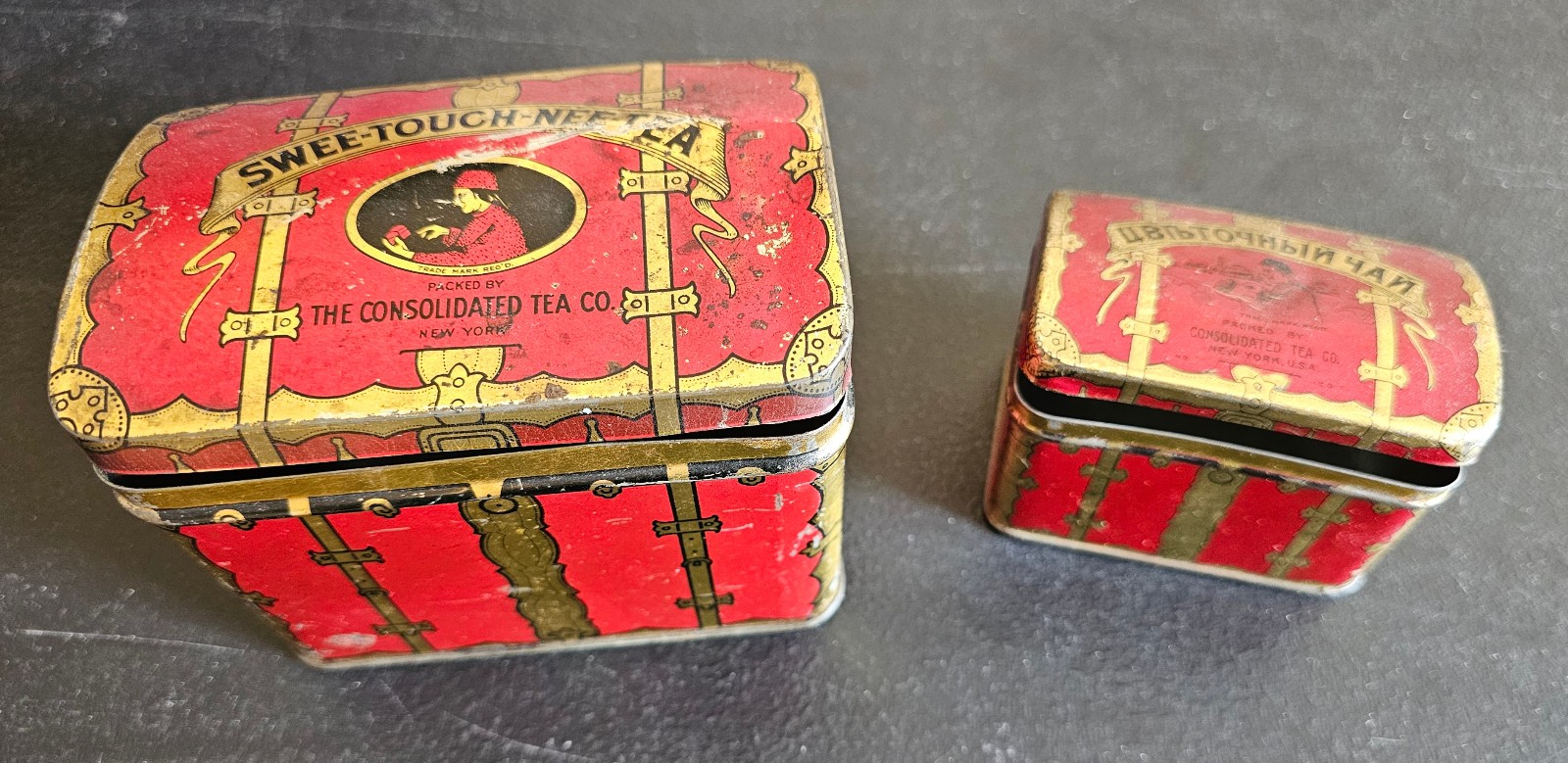 Vintage Swee-Touch-Nee Tea Large Tin & Zvetouchny Tea Small Tin - Red Orange