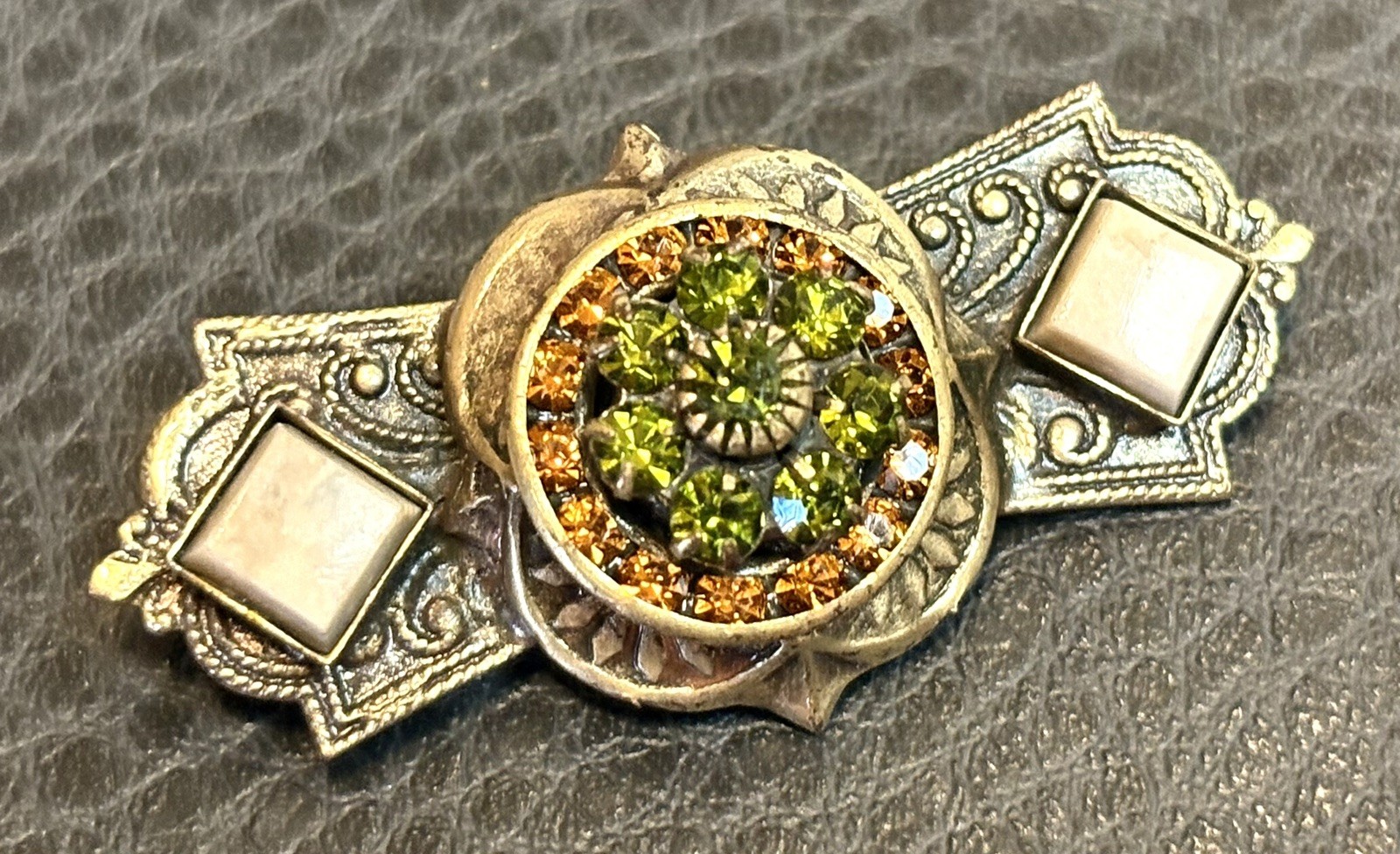 Vintage Etruscan Etched Victorian Revival Brooch Brass Tone Rhinestone Bee Stamp Vintage Etruscan Etched Victorian Revival Brooch Brass Tone Rhinestone Bee Stamp