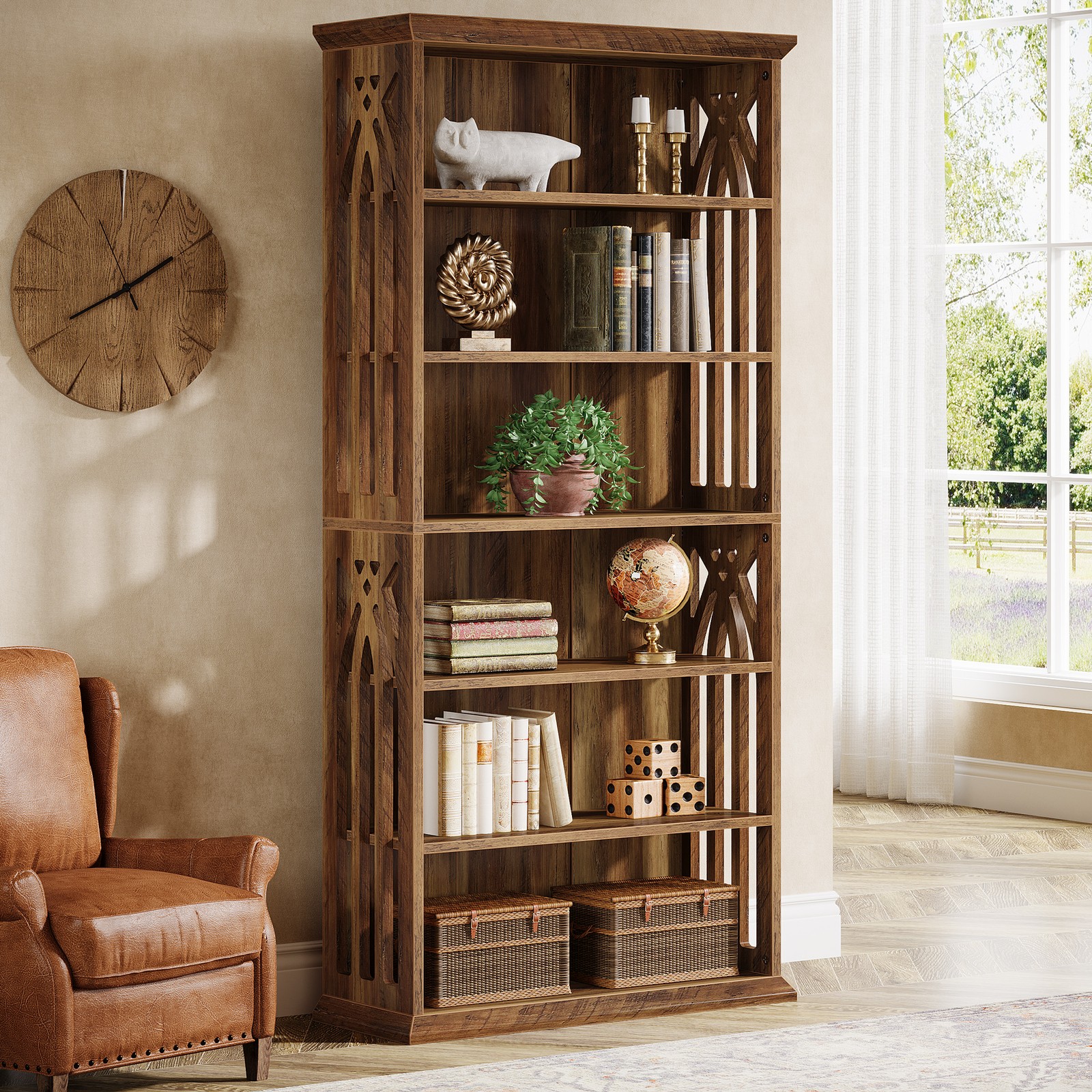 6-Tier Tall Bookshelf, 75-Inch Large Wood Bookcase Freestanding Display Shelves