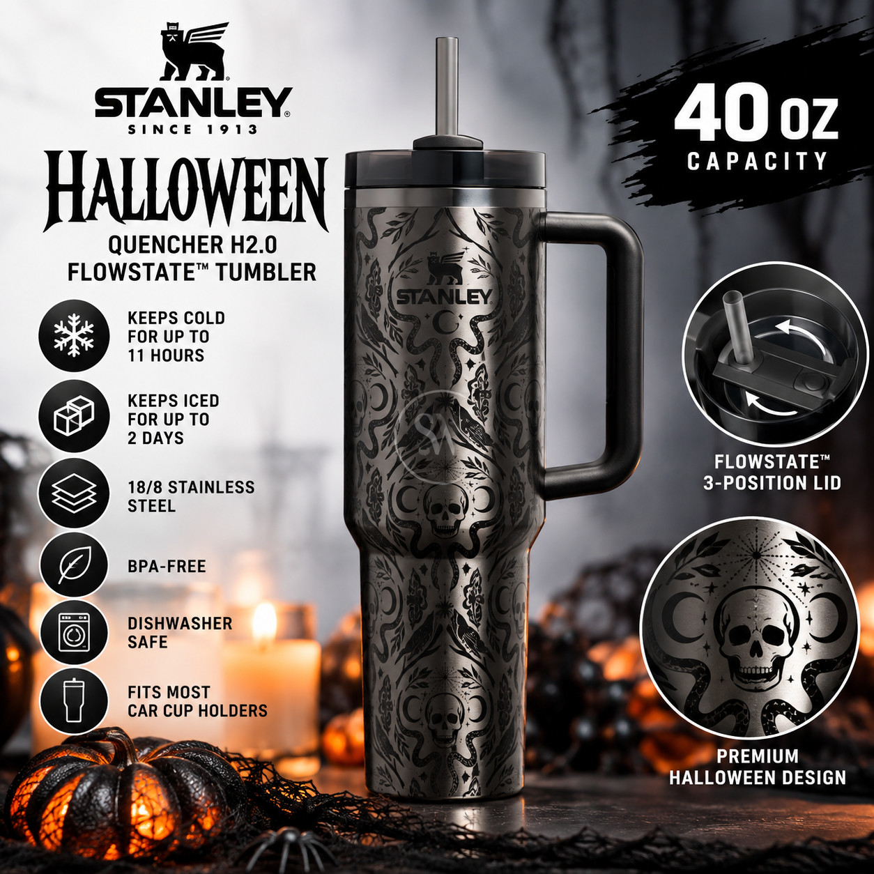 Stanley Halloween Quencher H2.0 FlowState Tumbler | 40oz – Deadly Damask New