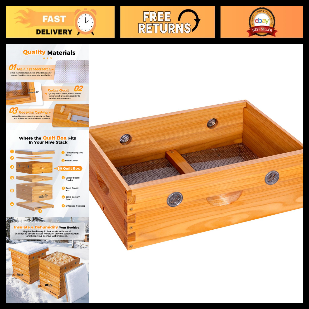 10-Frame Beehive Quilt Box for Langstroth Hive | Insulated Bee Box Cover