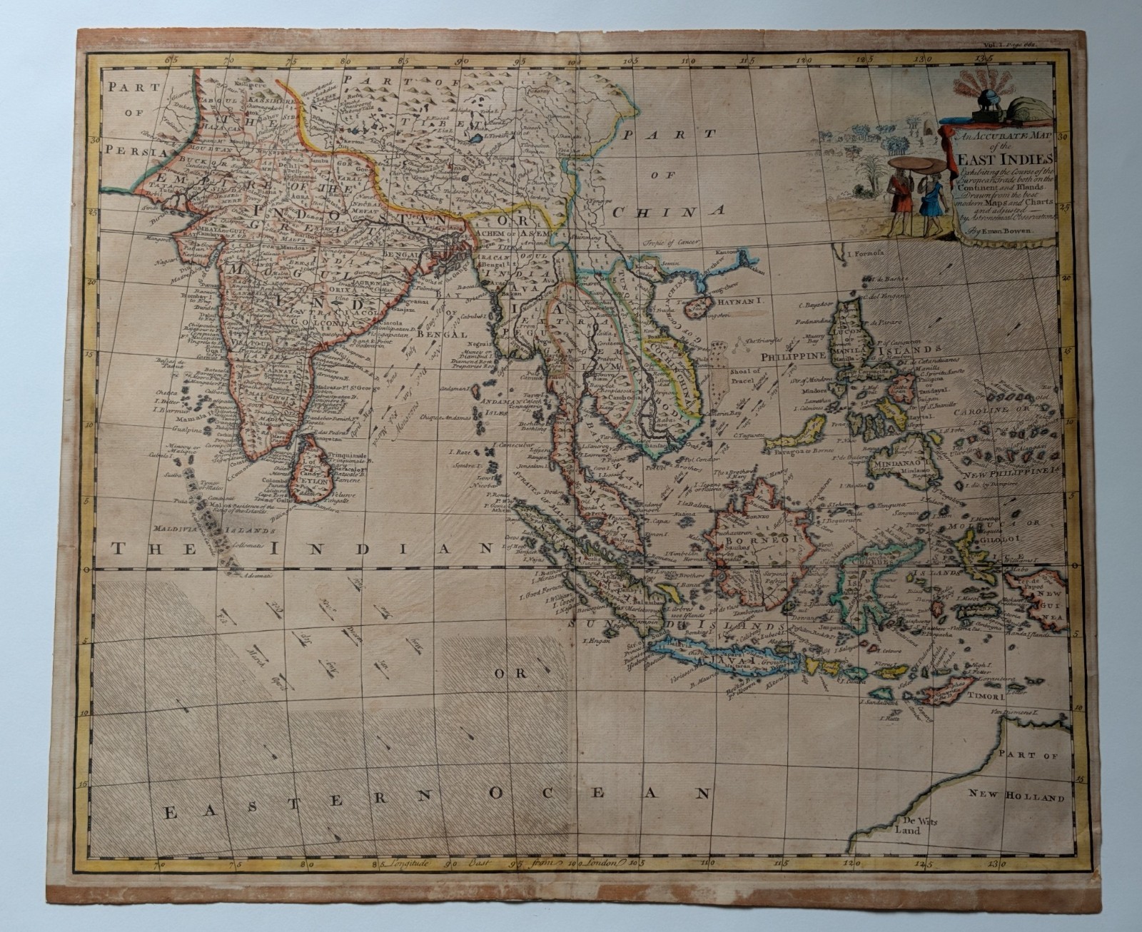 1747 Emanuel Bowen East Indies Antique Map Hand Color India Philippines Bowen