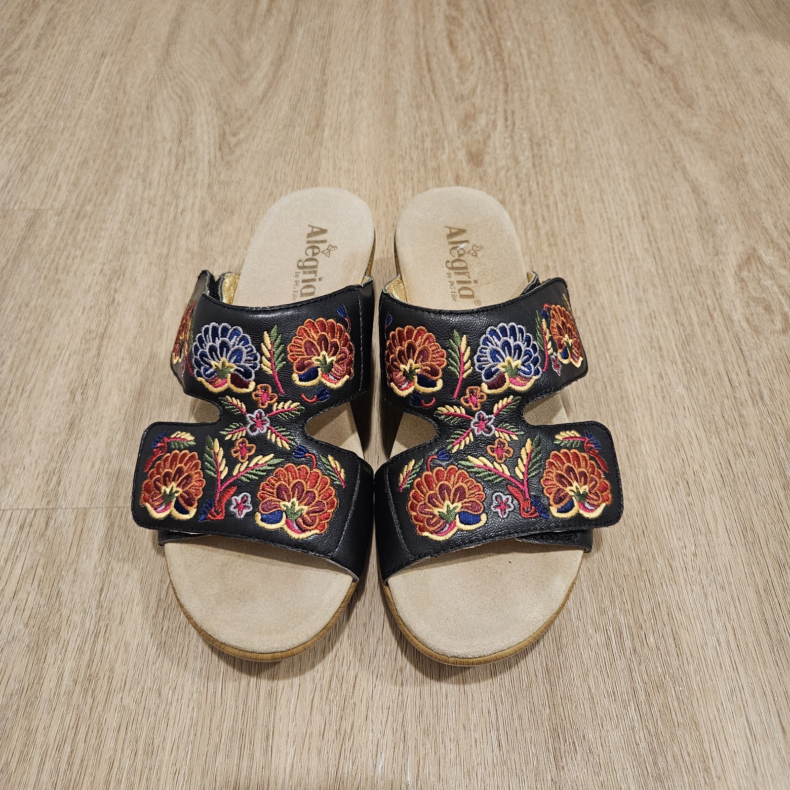 Alegria Linn Embroidered Leather Wedge Slide Sandals (Style #LIN-601N)