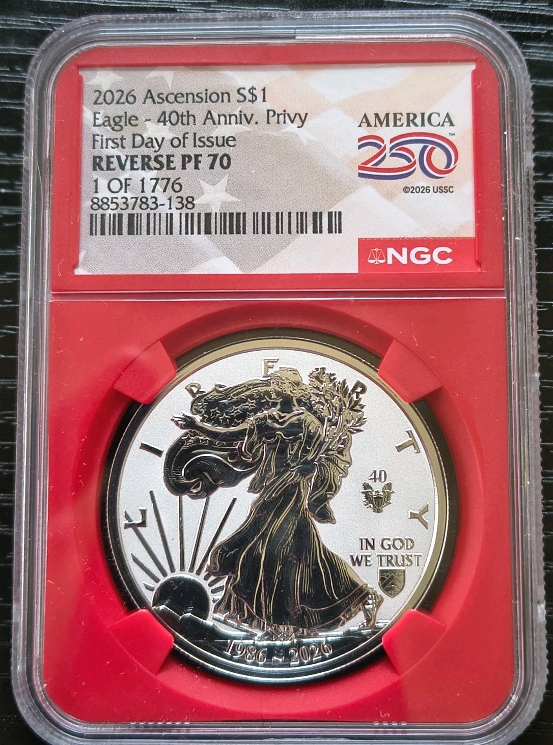 1986-2026 NGC REVERSE PROOF Silver Eagle 40th Privy 2026 Ascension Islands 1oz 