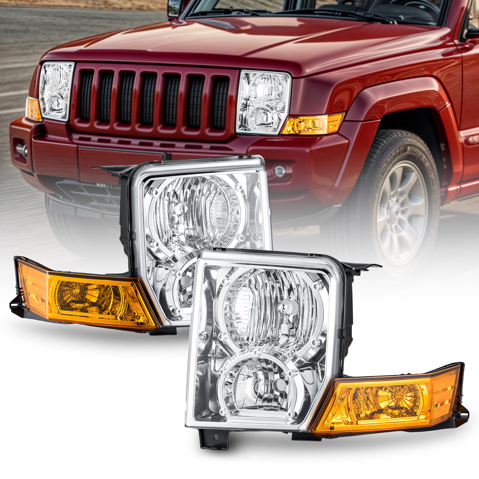 For 2006-2010 Jeep Commander Halogen Type Chrome Headlights Headlamps Left+Right