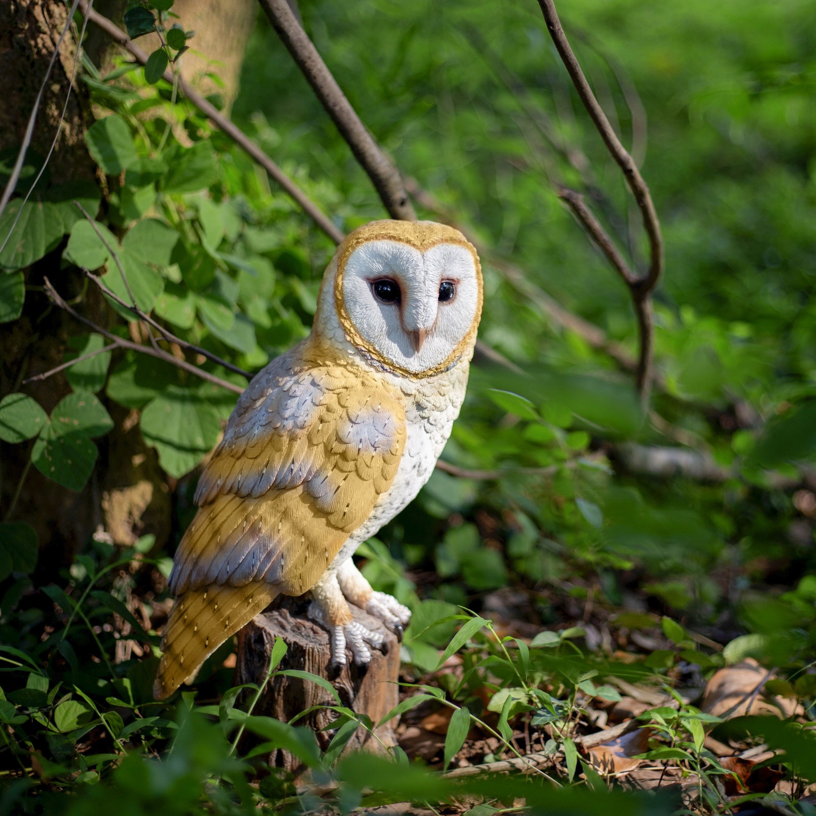 SoReal Yellow Barn Owl on branch | Handcrafted Decorative Bird Statue