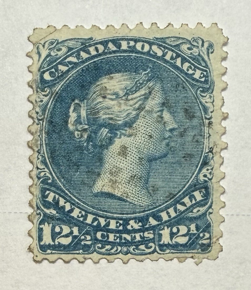 Canada #28 1868 12 1/2c blue “Large Queen” Used/VF, creases; $160 UCV