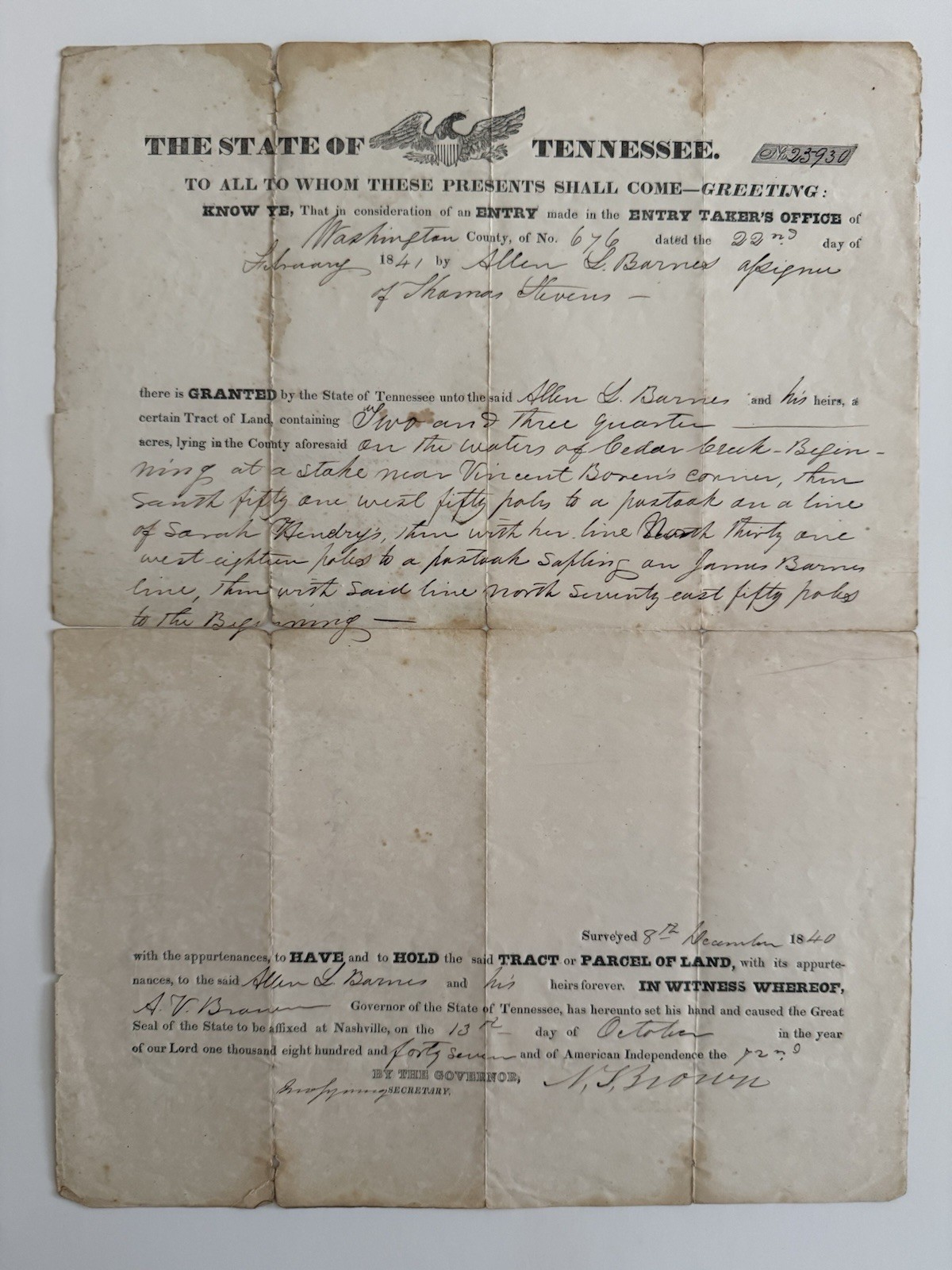 Tennessee Land Grant 1840 Signed By Governor Brown
