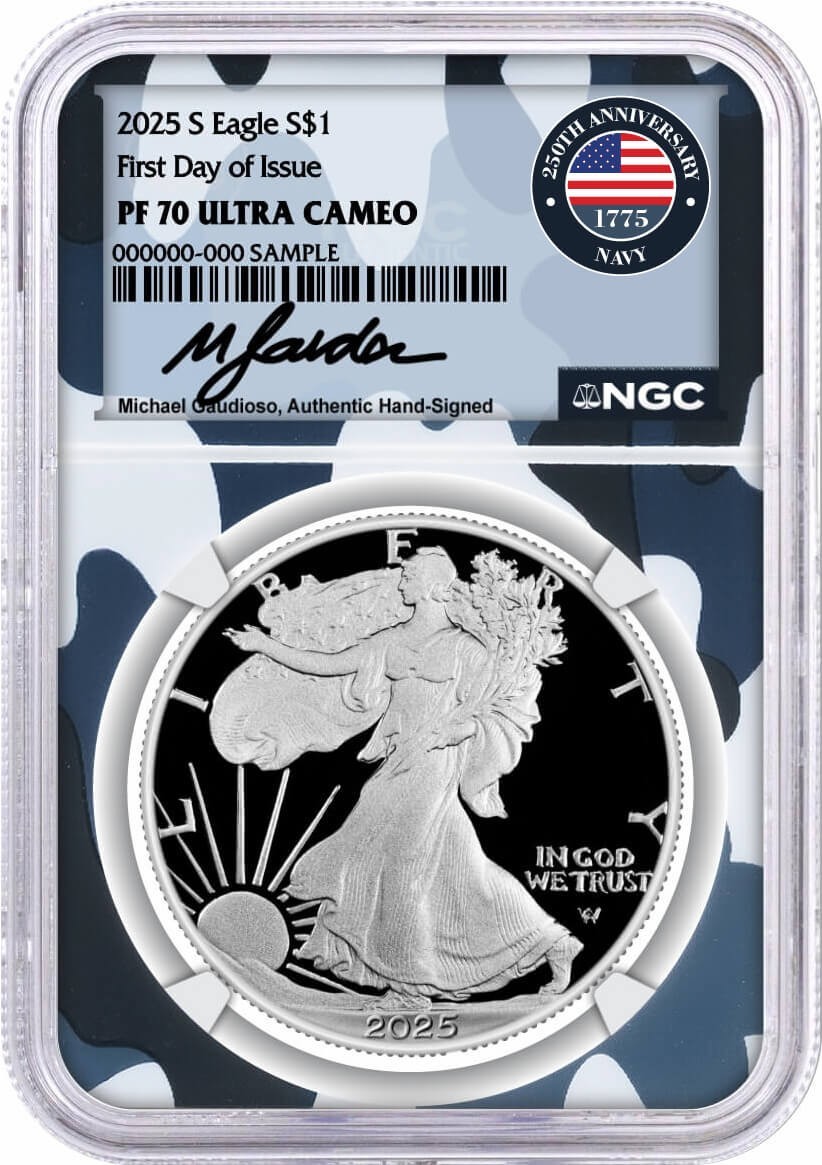 2025 S $1 Proof Silver Eagle NGC PF70 UCAM FDOI Gaudioso Signed Navy Camo Core 2025 S $1 Proof Silver Eagle NGC PF70 UCAM FDOI Gaudioso Signed Navy Camo Core
