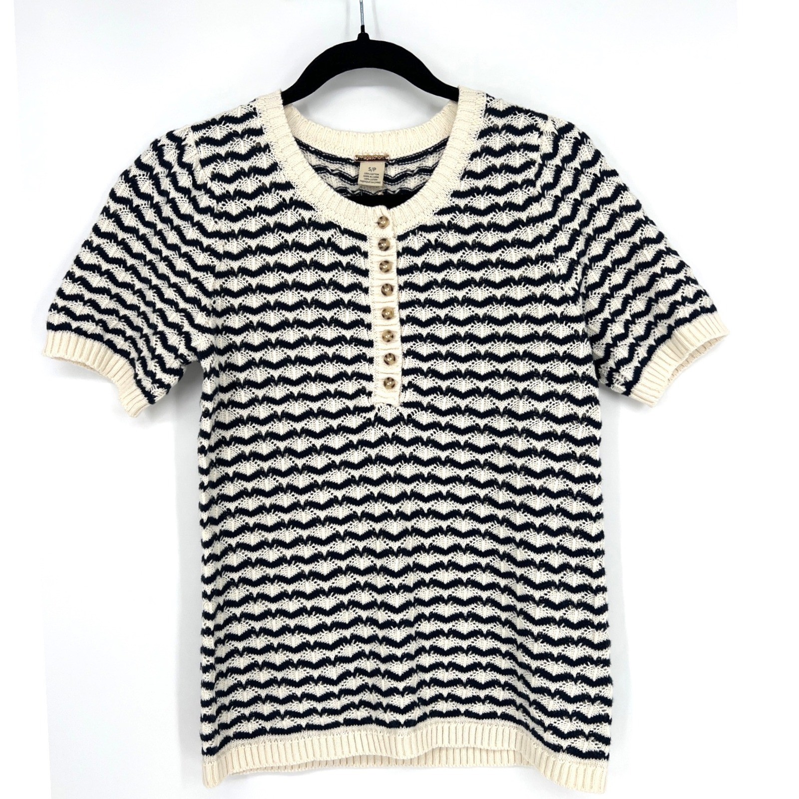 Magaschoni Cotton Pointelle Knit Henley Top Navy Cream Chevron Quiet Luxury NWT
