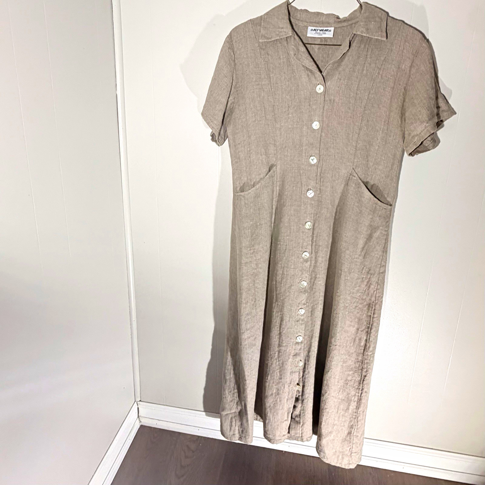 Vintage Alywear Women\'s Beige Linen Short Sleeve Maxi Shirt Dress Pockets L Vintage Alywear Women\'s Beige Linen Short Sleeve Maxi Shirt Dress Pockets L