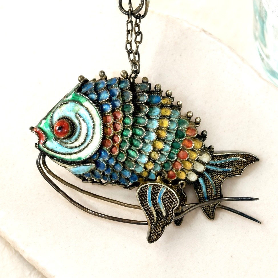 Vintage Sterling Silver Articulated Cloisonné Koi Fish Enamel Pendant Necklace Vintage Sterling Silver Articulated Cloisonné Koi Fish Enamel Pendant Necklace