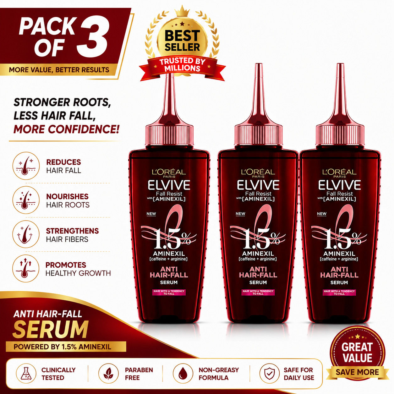 3x L\'Oréal Fall Resist Serum 102Ml with Aminexil, Reduces Hair Fall | 