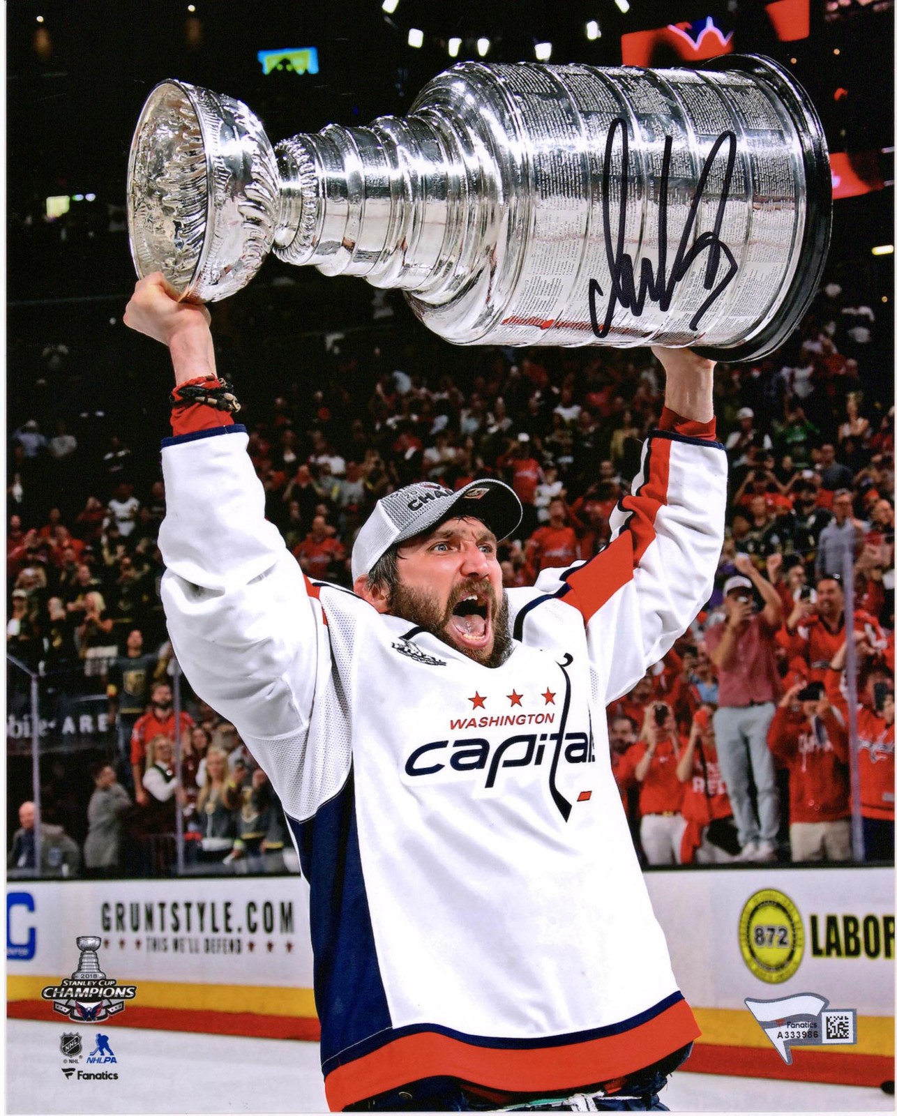 Alex Ovechkin Capitals 2018 Stanley Cup Champs Signed 8 x 10 Raising Cup Photo