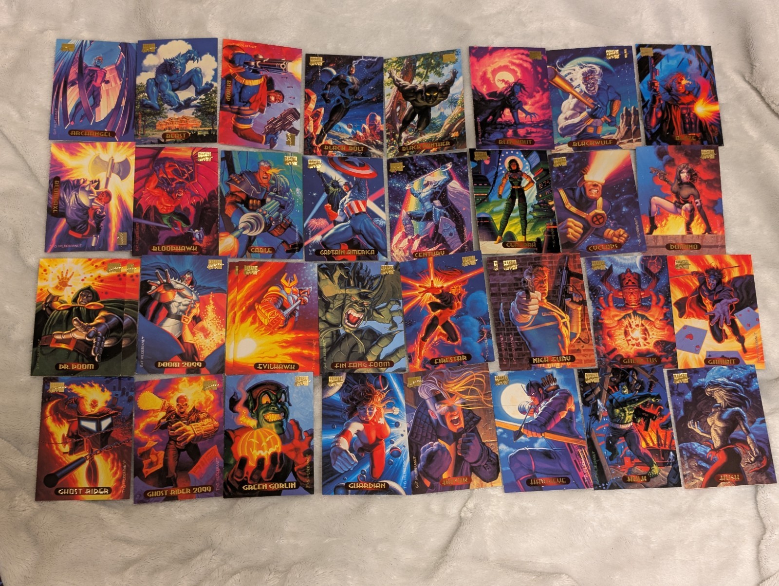 (7 Powerblast + 13 Gold Signature) Lot Of 130- 1994 Marvel Masterpieces Base Set (7 Powerblast + 13 Gold Signature) Lot Of 130- 1994 Marvel Masterpieces Base Set