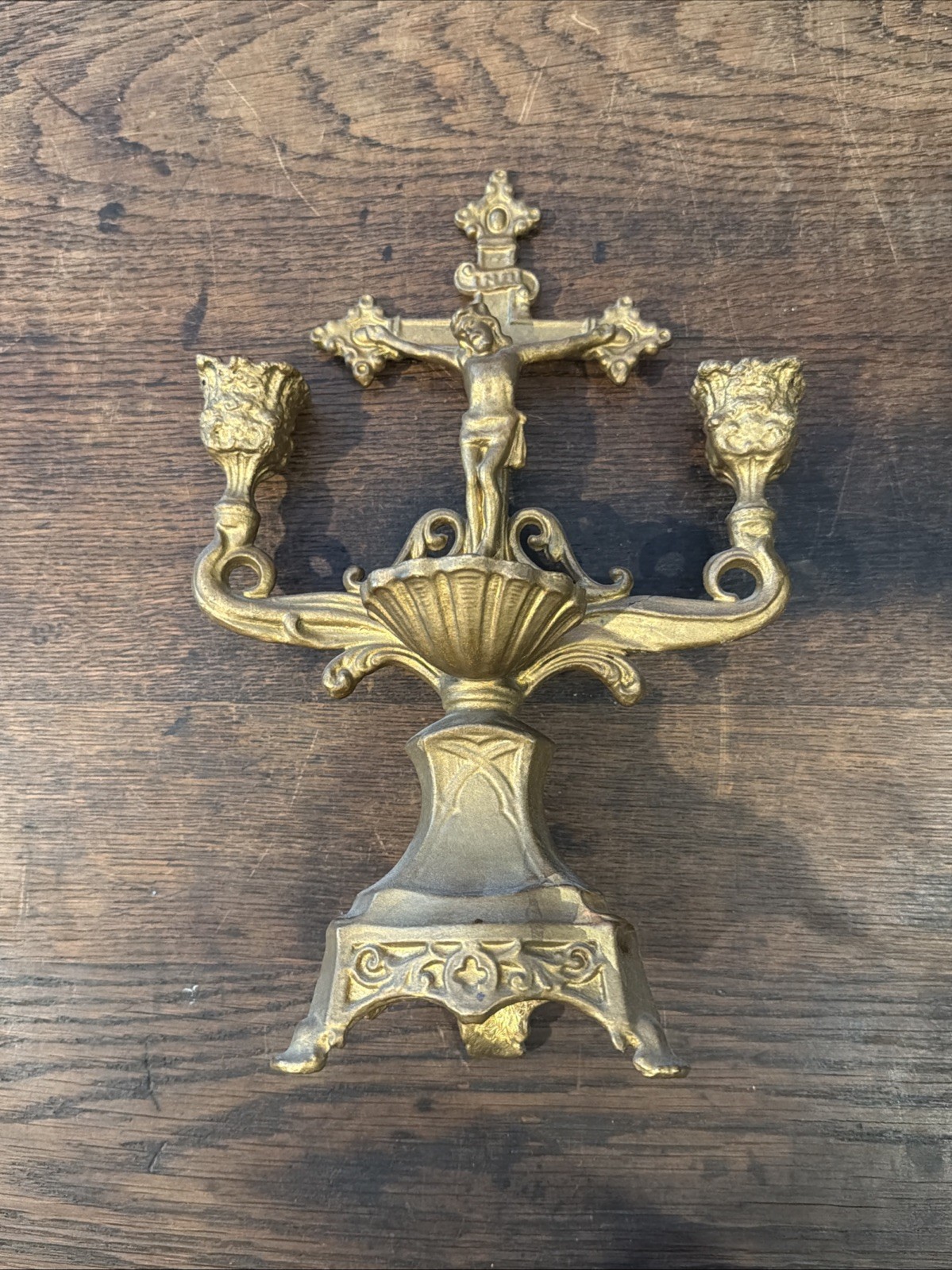 Travel Mass Altar Metal Crucifix Holy Water Candle Holder Bronze Antique AR3 Travel Mass Altar Metal Crucifix Holy Water Candle Holder Bronze Antique AR3