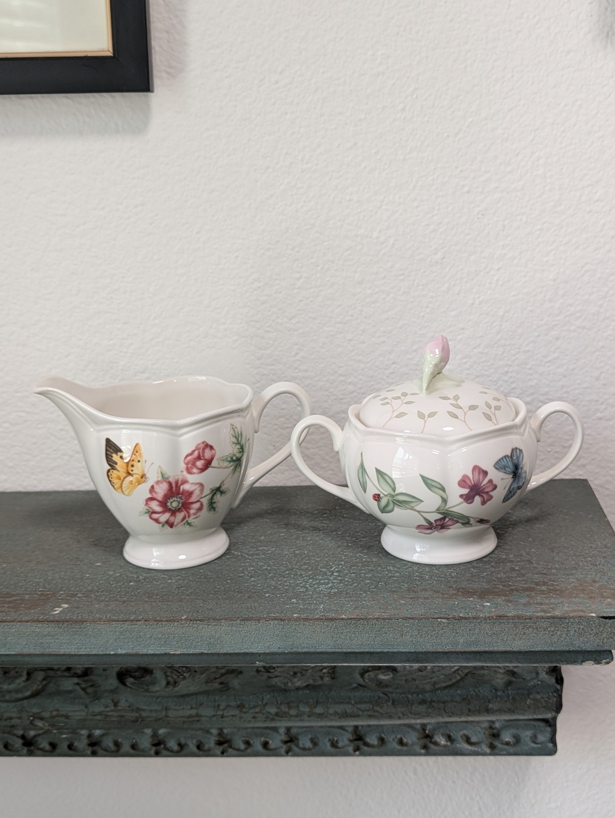 Vintage Lenox Butterfly Meadow Creamer and Lidded Sugar Louise Le Luyer Floral