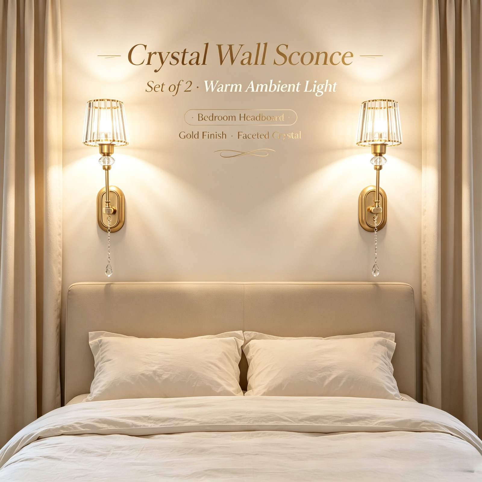  2‑Pack Gold Brass Crystal Wall Sconce Light