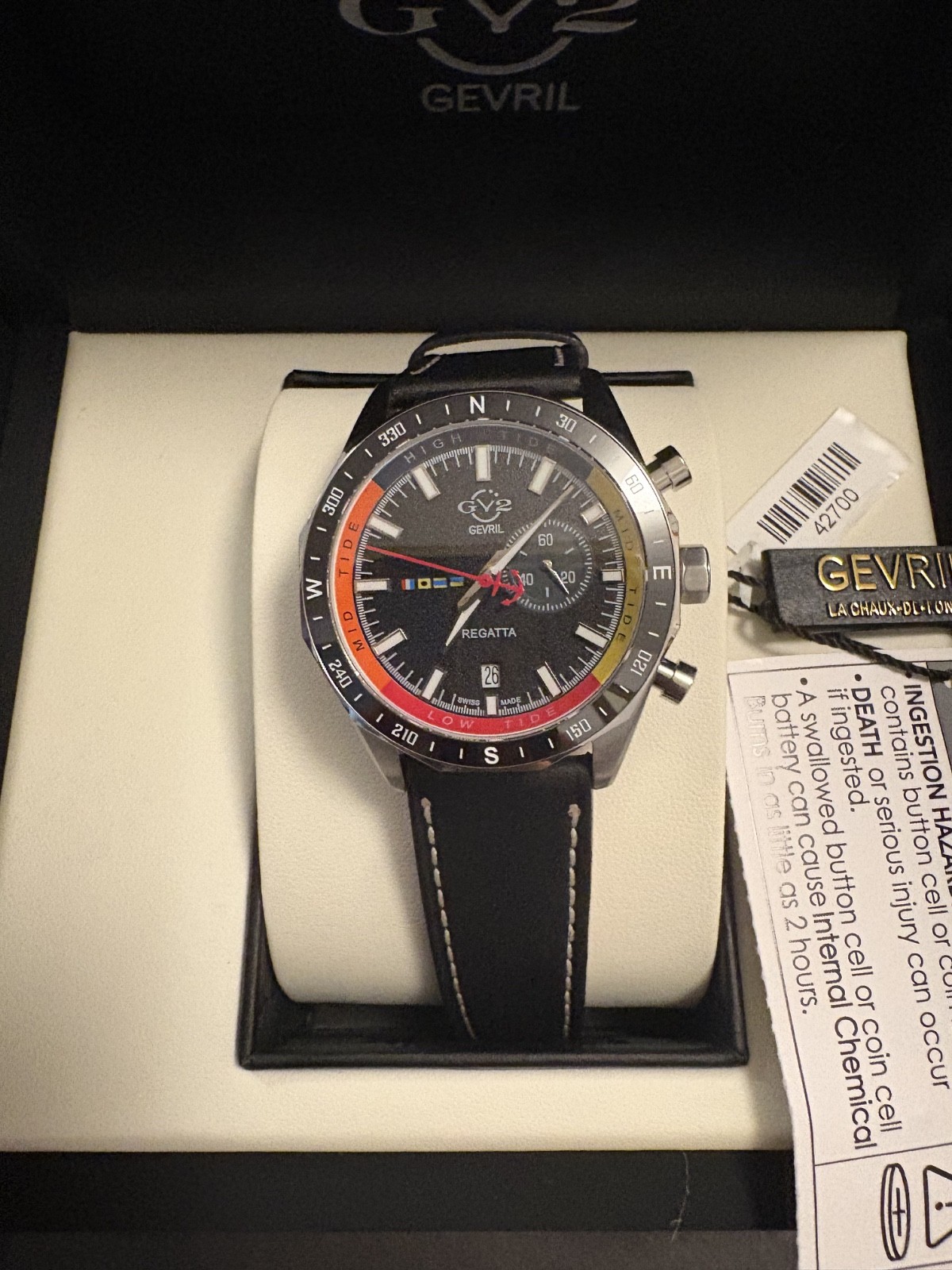 GV2 by Gevril Regatta Men’s Quartz Chronograph Date Black Dial Leather w/ Box